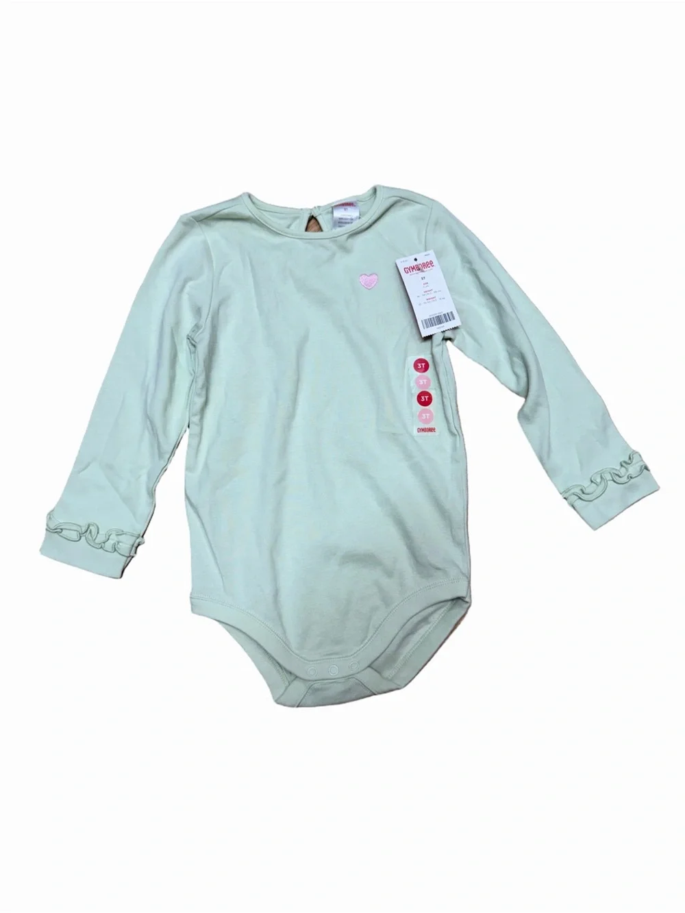 Gymboree Girls 3T NWT 2007 Mint Green Bodysuit Pink Heart Ruffle Cuff Top